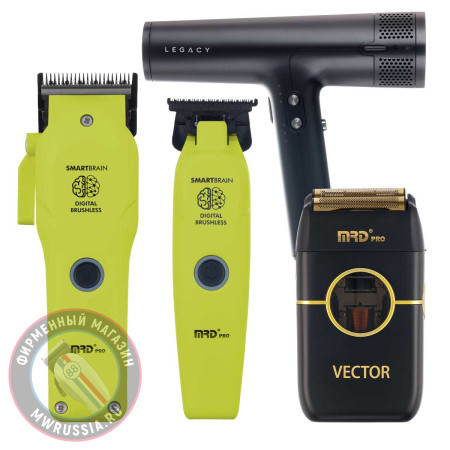 Набор для стрижки волос Машинка и Триммер MRD PRO Smart Brain 3969ST салатовый + шейвер Vector + фен Dewal Legacy