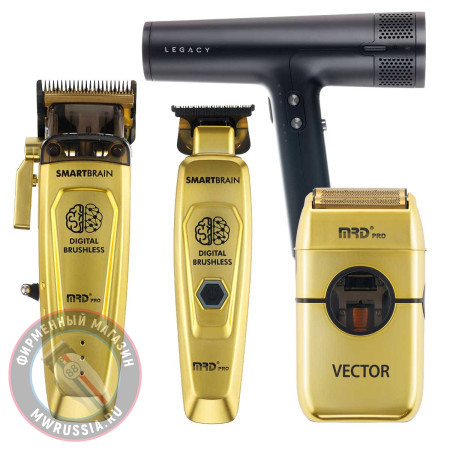 Набор для стрижки волос Машинка и Триммер MRD PRO Smart Brain 90-4 золотой + шейвер Vector + фен Dewal Legacy