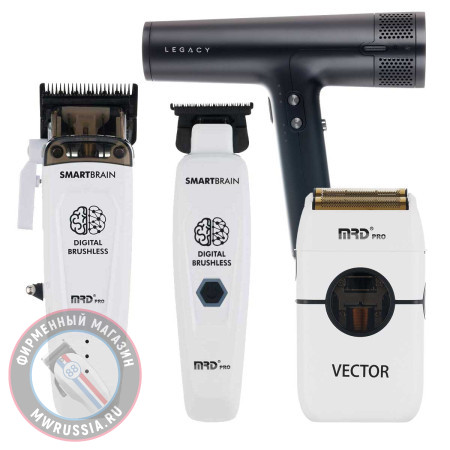 Набор для стрижки волос Машинка и Триммер MRD PRO Smart Brain 90-4 белый + шейвер Vector + фен Dewal Legacy