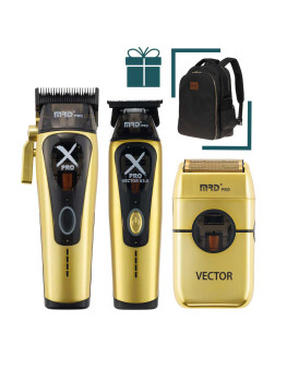Набор для стрижки волос Машинка и Триммер MRD PRO Vector X-Pro золотой + шейвер Vector + рюкзак Dewal в подарок