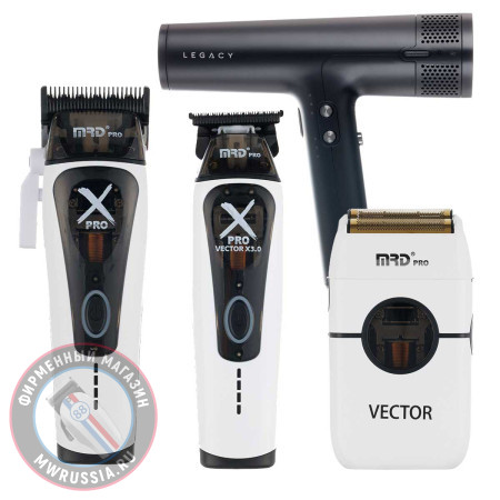 Набор для стрижки волос Машинка и Триммер MRD PRO Vector X-Pro белый + шейвер Vector + фен Dewal Legacy
